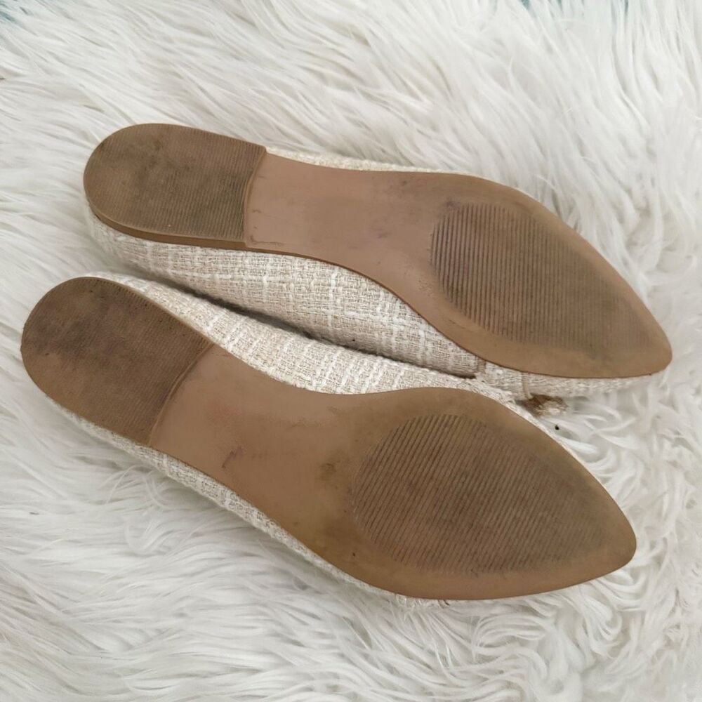 ANN TAYLOR | Textile Upper Plaid Off White Tan Bow Loafers Tweed Flats | 8.5 - Picture 6 of 7